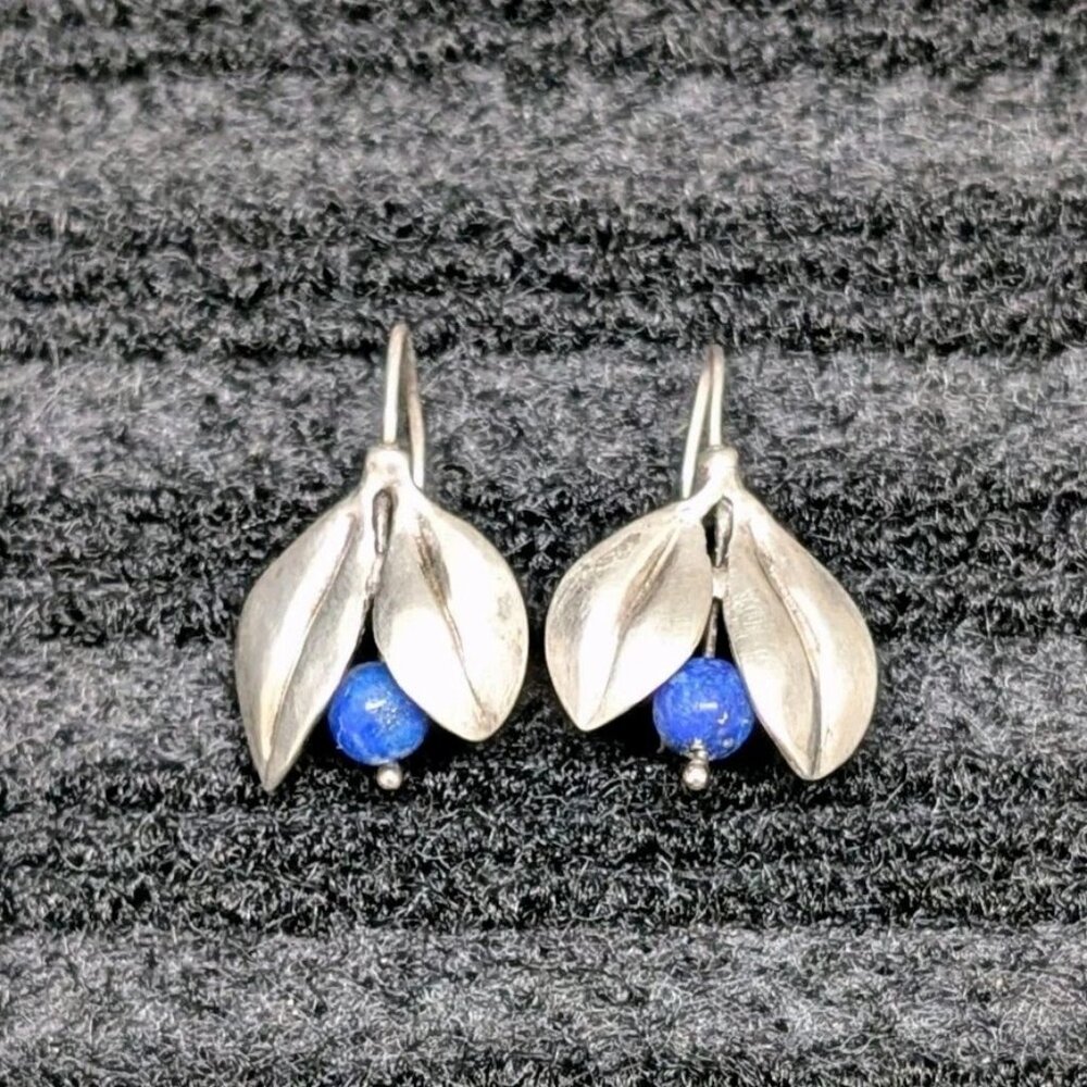 Vintage Judie Gumm Lapis Blueberry Sterling Silver Earrings Blueberries Leaf